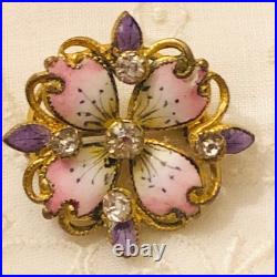 Antique Victorian Flower Brooch Enamel Pink Gold Gilded Dogwood Paste Pin