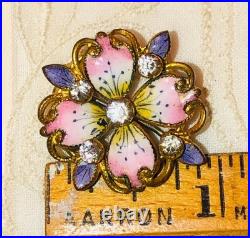 Antique Victorian Flower Brooch Enamel Pink Gold Gilded Dogwood Paste Pin