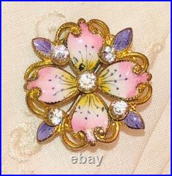 Antique Victorian Flower Brooch Enamel Pink Gold Gilded Dogwood Paste Pin