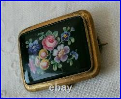 Antique Victorian Flowers Hand Painted Glass Sweetheart Mourning Gilt Pin Brooch