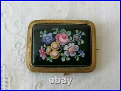 Antique Victorian Flowers Hand Painted Glass Sweetheart Mourning Gilt Pin Brooch