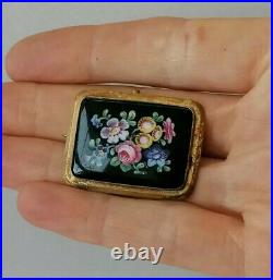 Antique Victorian Flowers Hand Painted Glass Sweetheart Mourning Gilt Pin Brooch