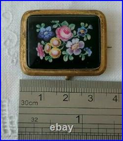 Antique Victorian Flowers Hand Painted Glass Sweetheart Mourning Gilt Pin Brooch