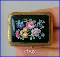 Antique Victorian Flowers Hand Painted Glass Sweetheart Mourning Gilt Pin Brooch