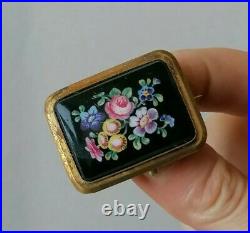 Antique Victorian Flowers Hand Painted Glass Sweetheart Mourning Gilt Pin Brooch