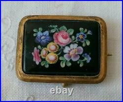 Antique Victorian Flowers Hand Painted Glass Sweetheart Mourning Gilt Pin Brooch