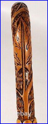 Antique Victorian Folk Art Hand Carved Wood 38.25 Parasol Walking Stick Cane