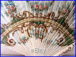 Antique Victorian French Hand Painted 2 Sided Vernis Martin Bone Brise Fan