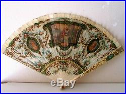 Antique Victorian French Hand Painted 2 Sided Vernis Martin Bone Brise Fan