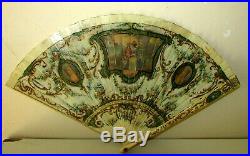 Antique Victorian French Hand Painted 2 Sided Vernis Martin Bone Brise Fan