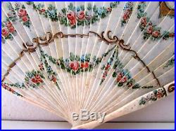 Antique Victorian French Hand Painted 2 Sided Vernis Martin Bone Brise Fan