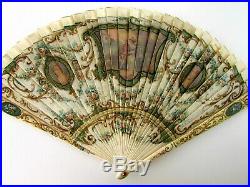 Antique Victorian French Hand Painted 2 Sided Vernis Martin Bone Brise Fan