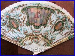 Antique Victorian French Hand Painted 2 Sided Vernis Martin Bone Brise Fan