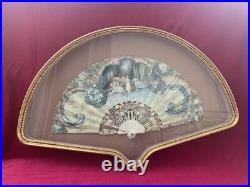 Antique Victorian French Hand Painted Silk & Celluloid Hand Fan Shadow Box