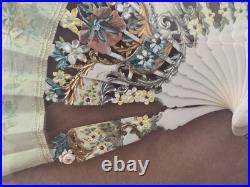 Antique Victorian French Hand Painted Silk & Celluloid Hand Fan Shadow Box