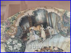 Antique Victorian French Hand Painted Silk & Celluloid Hand Fan Shadow Box