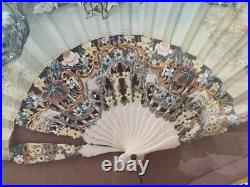 Antique Victorian French Hand Painted Silk & Celluloid Hand Fan Shadow Box
