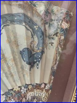 Antique Victorian French Hand Painted Silk & Celluloid Hand Fan Shadow Box