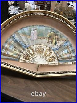 Antique Victorian French Handpainted Silk & Celluloid Hand Fan Shadow Box