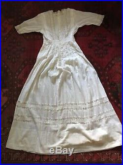 Antique Victorian French Lace Hand Embroidery Ruffles Long White Sweep Dress S M