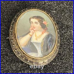 Antique Victorian French Woman Hand Painted Portrait Pendant Brooch