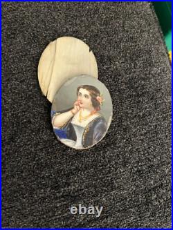 Antique Victorian French Woman Hand Painted Portrait Pendant Brooch