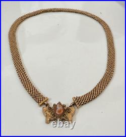 Antique Victorian GF Wide Mesh Chain withHand-Carved Shell Cameo Necklace