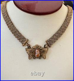 Antique Victorian GF Wide Mesh Chain withHand-Carved Shell Cameo Necklace