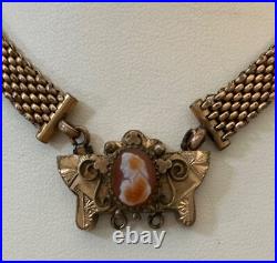 Antique Victorian GF Wide Mesh Chain withHand-Carved Shell Cameo Necklace