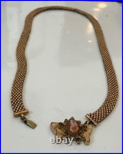 Antique Victorian GF Wide Mesh Chain withHand-Carved Shell Cameo Necklace