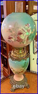 Antique Victorian GWTW Banquet Oil Lamp, Hand Painted Roses, Booth & Haydens
