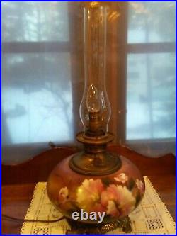 Antique Victorian GWTW Oil Lamp Electrified Hand Painted Flowers 1890s