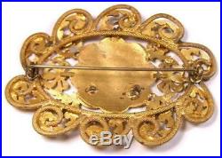 Antique Victorian Gilt Bronze Brooch Pin with Hand Painted Enamel Courting Couple