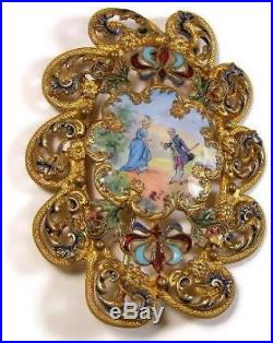 Antique Victorian Gilt Bronze Brooch Pin with Hand Painted Enamel Courting Couple