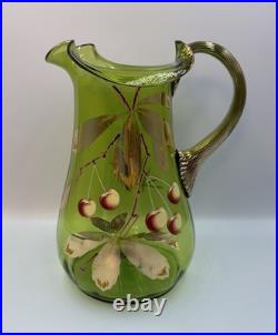 Antique Victorian Glass 9.5 Pitcher Hand Blown & Painted Emerald Green Cherry