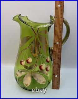 Antique Victorian Glass 9.5 Pitcher Hand Blown & Painted Emerald Green Cherry Antique Victorian Glass 9.5 Pitcher Hand Blown & Painted Emerald Green Cherry