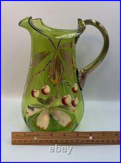 Antique Victorian Glass 9.5 Pitcher Hand Blown & Painted Emerald Green Cherry Antique Victorian Glass 9.5 Pitcher Hand Blown & Painted Emerald Green Cherry