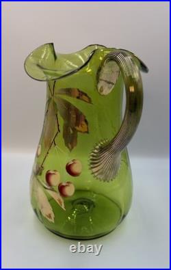 Antique Victorian Glass 9.5 Pitcher Hand Blown & Painted Emerald Green Cherry