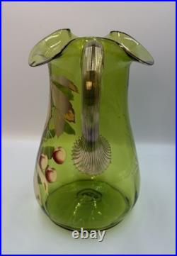 Antique Victorian Glass 9.5 Pitcher Hand Blown & Painted Emerald Green Cherry