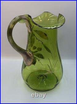 Antique Victorian Glass 9.5 Pitcher Hand Blown & Painted Emerald Green Cherry Antique Victorian Glass 9.5 Pitcher Hand Blown & Painted Emerald Green Cherry