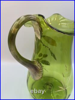Antique Victorian Glass 9.5 Pitcher Hand Blown & Painted Emerald Green Cherry Antique Victorian Glass 9.5 Pitcher Hand Blown & Painted Emerald Green Cherry
