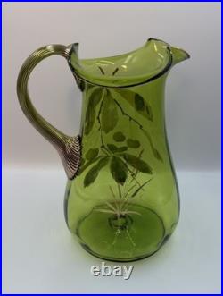 Antique Victorian Glass 9.5 Pitcher Hand Blown & Painted Emerald Green Cherry Antique Victorian Glass 9.5 Pitcher Hand Blown & Painted Emerald Green Cherry