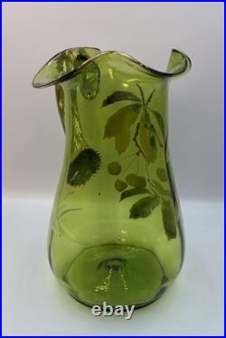 Antique Victorian Glass 9.5 Pitcher Hand Blown & Painted Emerald Green Cherry