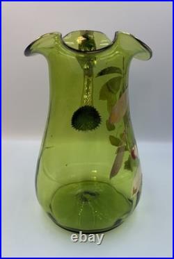 Antique Victorian Glass 9.5 Pitcher Hand Blown & Painted Emerald Green Cherry