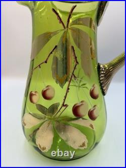 Antique Victorian Glass 9.5 Pitcher Hand Blown & Painted Emerald Green Cherry
