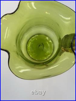 Antique Victorian Glass 9.5 Pitcher Hand Blown & Painted Emerald Green Cherry
