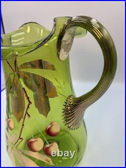 Antique Victorian Glass 9.5 Pitcher Hand Blown & Painted Emerald Green Cherry Antique Victorian Glass 9.5 Pitcher Hand Blown & Painted Emerald Green Cherry