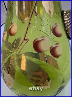 Antique Victorian Glass 9.5 Pitcher Hand Blown & Painted Emerald Green Cherry Antique Victorian Glass 9.5 Pitcher Hand Blown & Painted Emerald Green Cherry