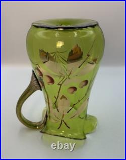 Antique Victorian Glass 9.5 Pitcher Hand Blown & Painted Emerald Green Cherry