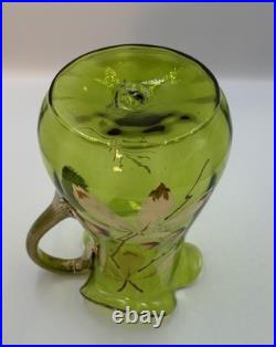Antique Victorian Glass 9.5 Pitcher Hand Blown & Painted Emerald Green Cherry